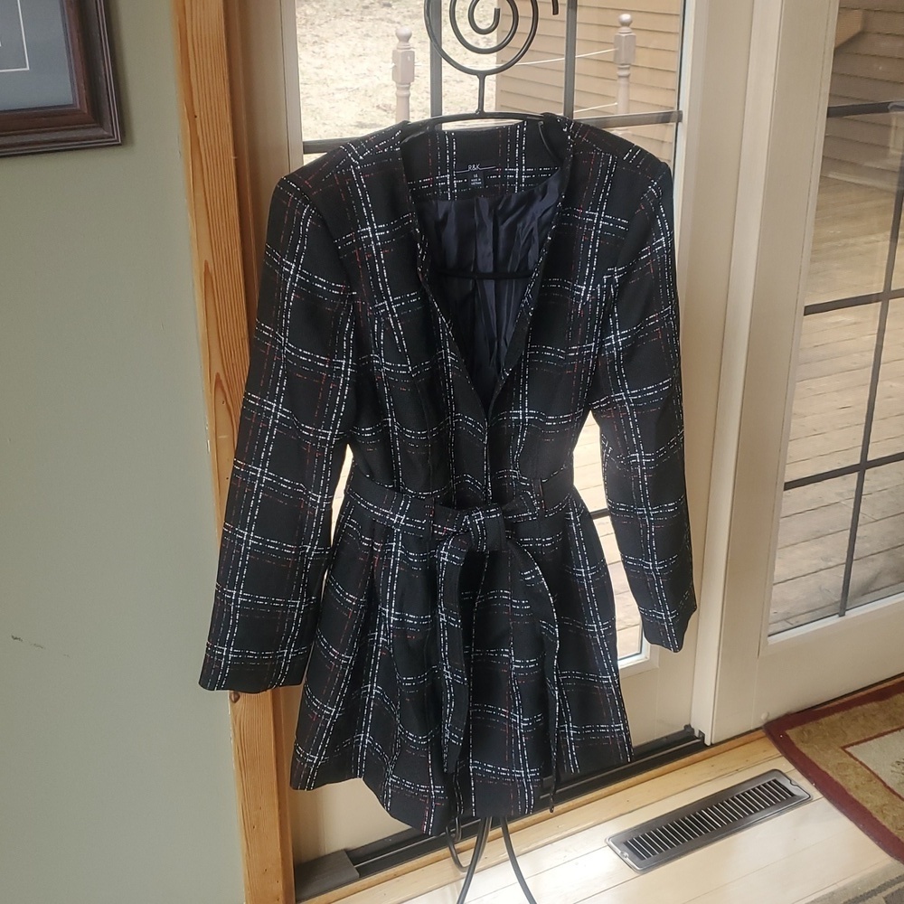 R&K belted Jacket Black, White, Red Plaid Striped Sz 14 NWOT